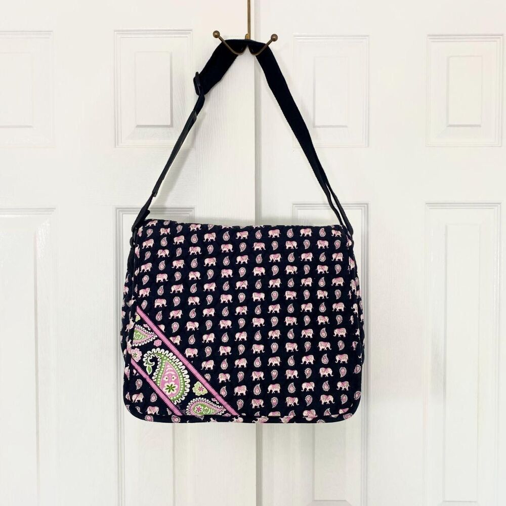 Vera Bradley Crossbody Laptop School Bag retired Black Pink Elephant paisley